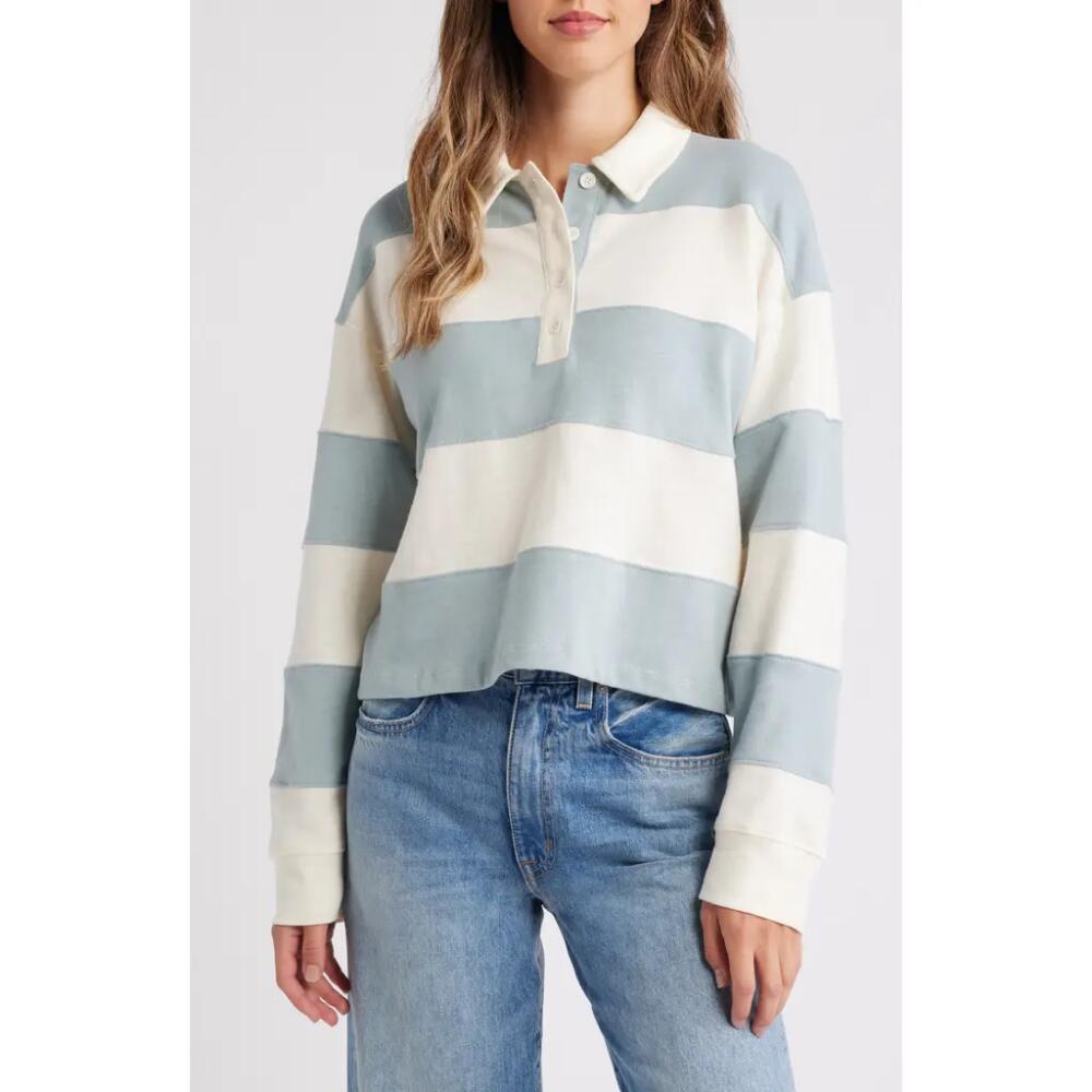 Marine Layer Crop Cotton Rugby Shirt in Faded Aqua Stripe Cover