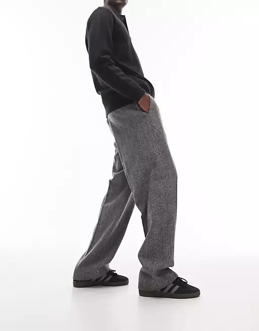 Topman wide leg wool mix herringbone pants in gray Cover