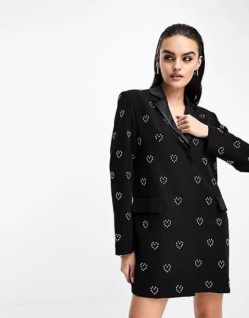 Extro & Vert boxy blazer dress with heart embellishment-Black Cover