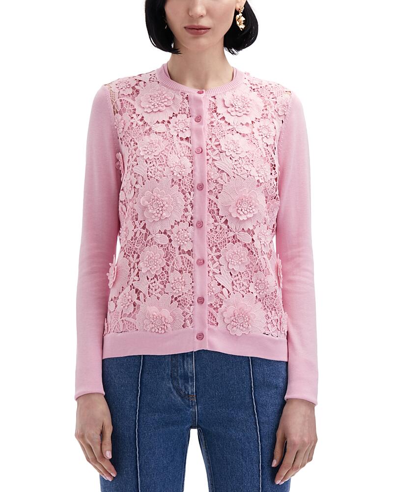 Oscar de la Renta Floral Guipure Long Sleeve Silk Cardigan Sweater Cover