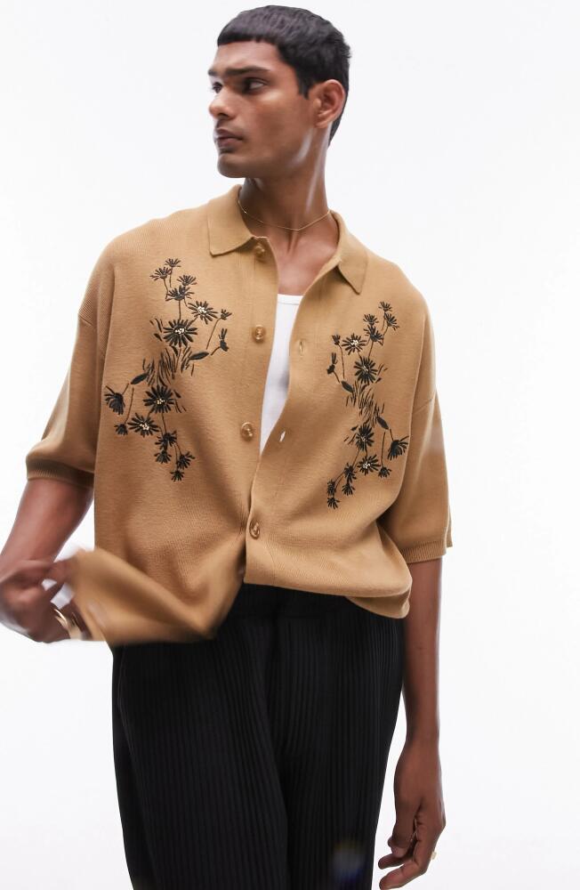 Topman Western Embroidered Short Sleeve Cardigan in Tan Cover