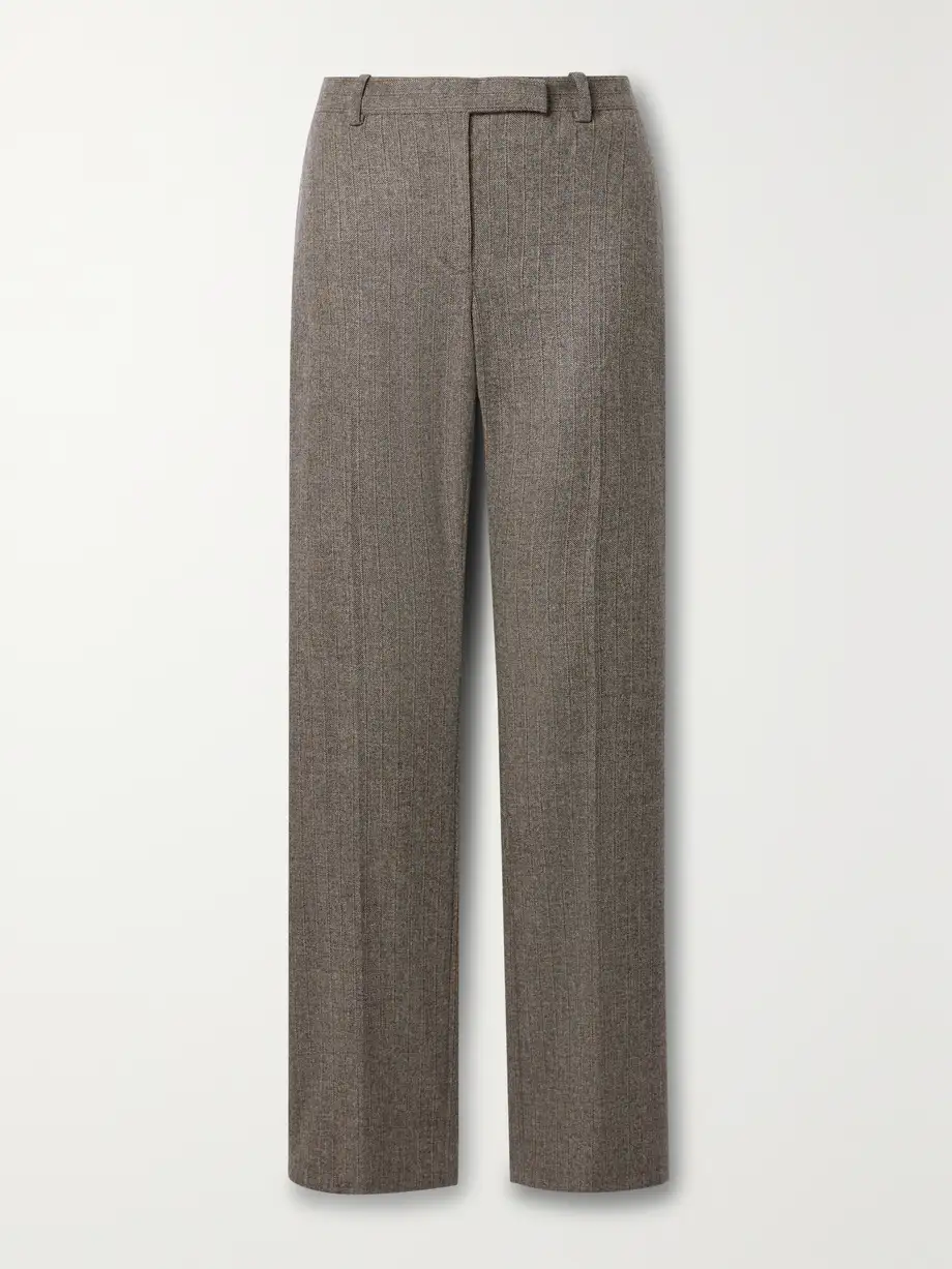 Veronica de Piante - Riley Herringbone Pinstriped Wool And Cashmere-blend Wide-leg Pants - Neutrals Cover