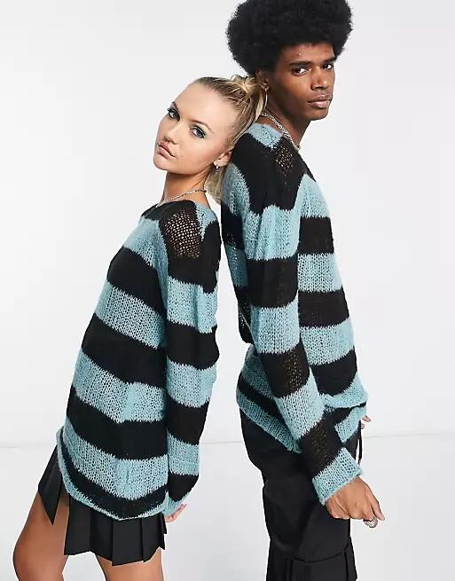 COLLUSION Unisex knit open stitch striped sweater in black and blue Cover