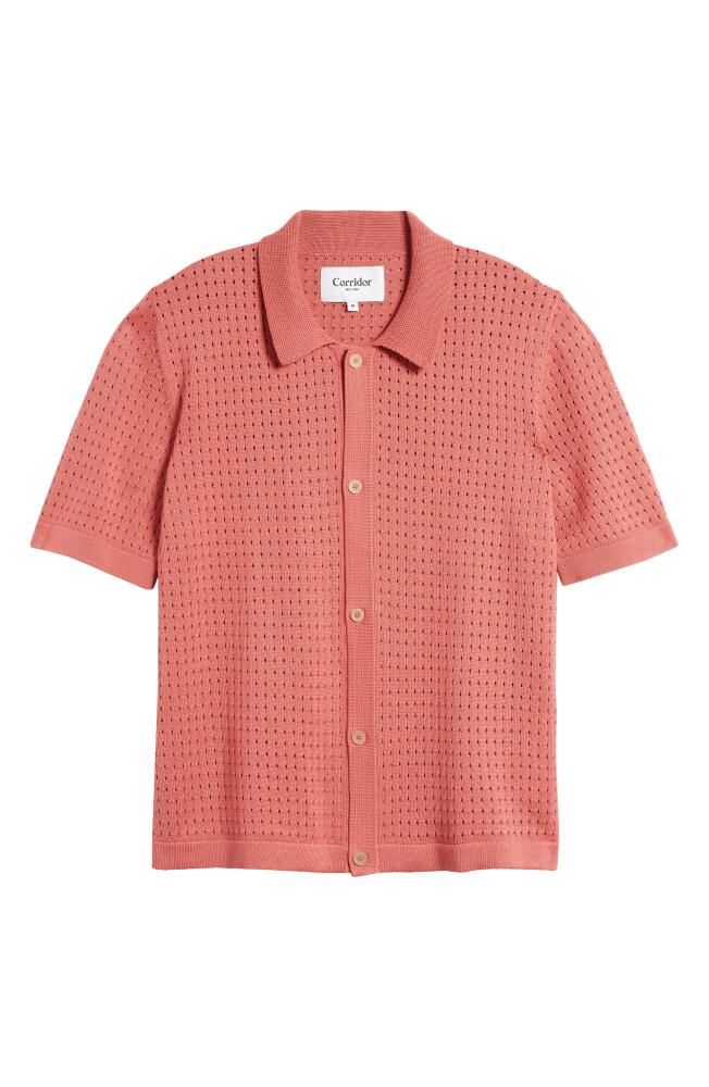 Corridor Pointelle Stitch Short Sleeve Cotton Knit Button-Up Shirt in Pink Cover