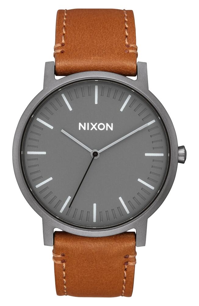 Nixon Porter Round Leather Strap Watch, 40mm in Gunmetal/Charcoal/Taupe Cover