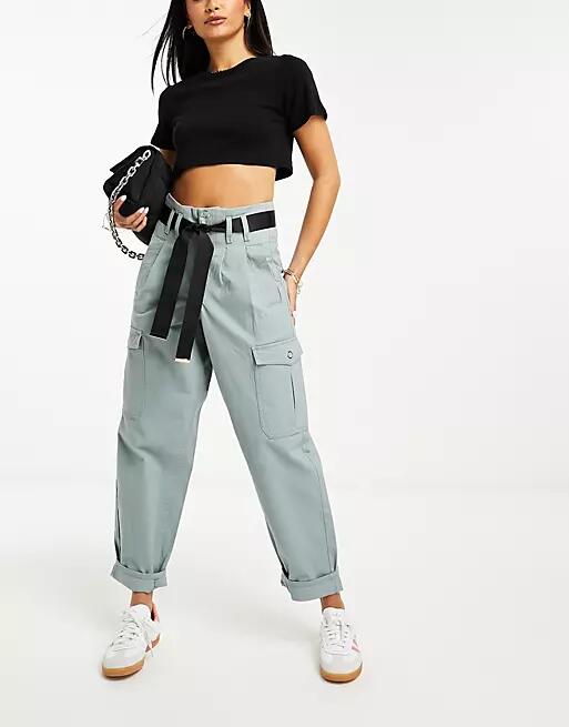 River Island paper bag belted cargo pants in blue Cover