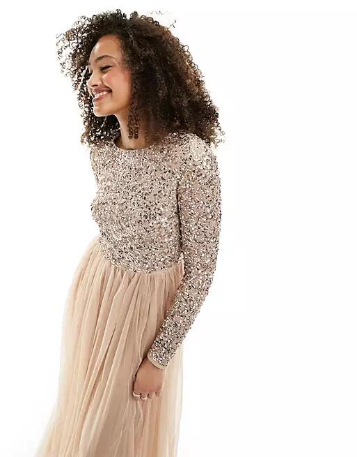 Maya Bridesmaid long sleeve maxi tulle dress with tonal delicate sequin in muted blush-Neutral Cover