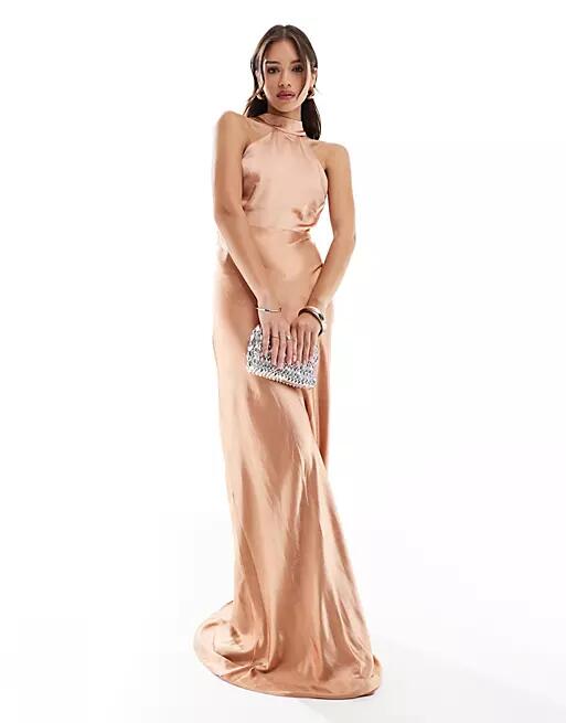 Six Stories Bridesmaid satin halter maxi dress in burnt peach - part of a set-Pink Cover