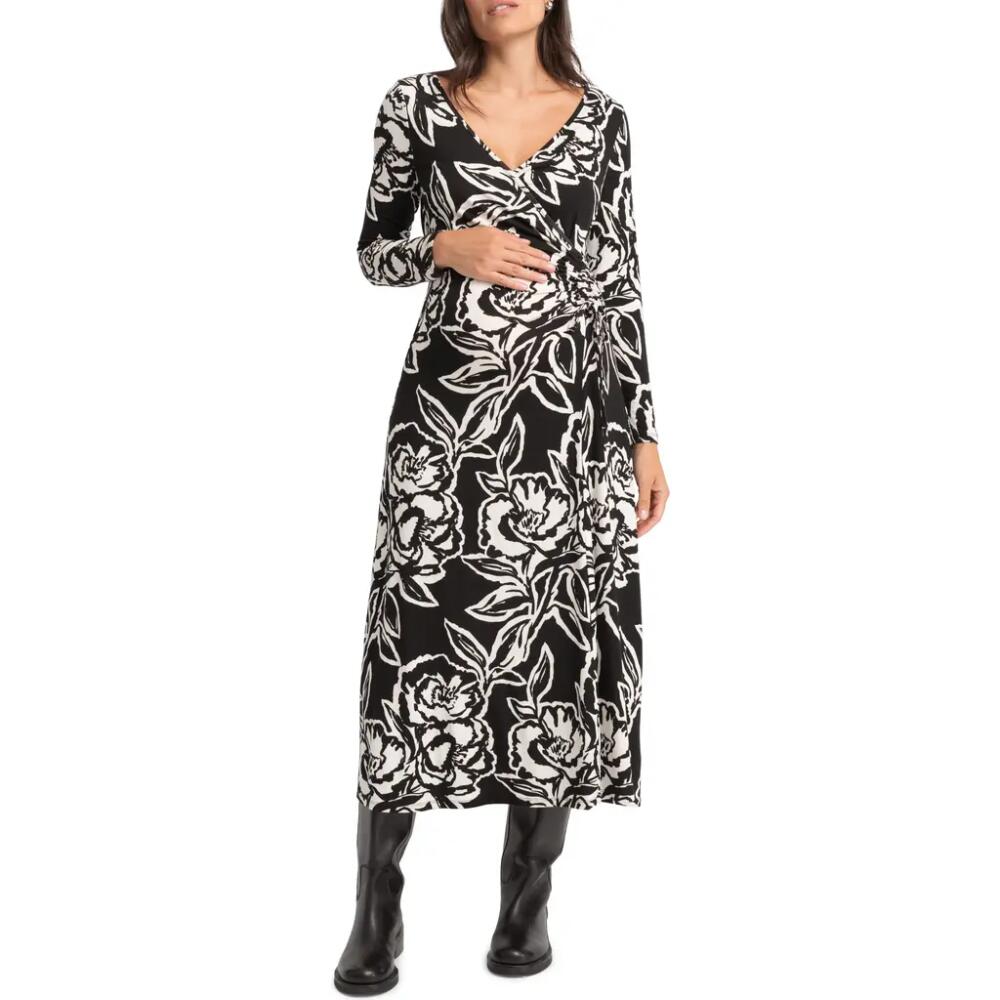 Seraphine Ruched Long Sleeve Maternity Faux Wrap Dress in Black/Open White Cover