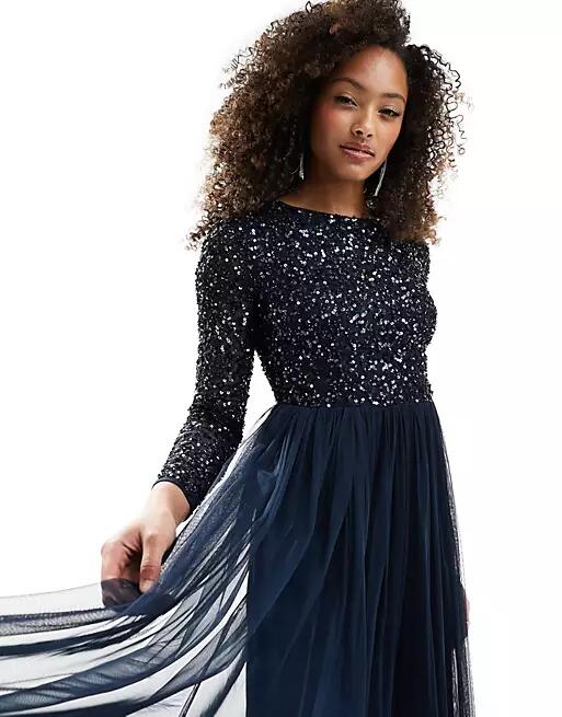 Maya Bridesmaid long sleeve maxi tulle dress with tonal delicate sequin in navy Cover