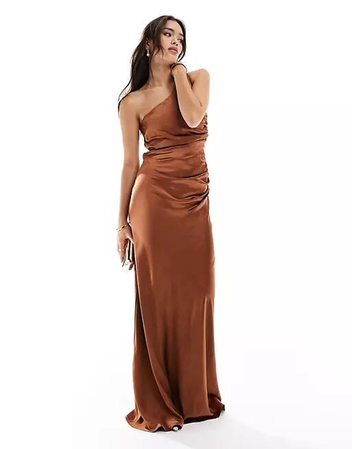 Six Stories Bridesmaid satin one shoulder maxi dress in rust-Brown Cover