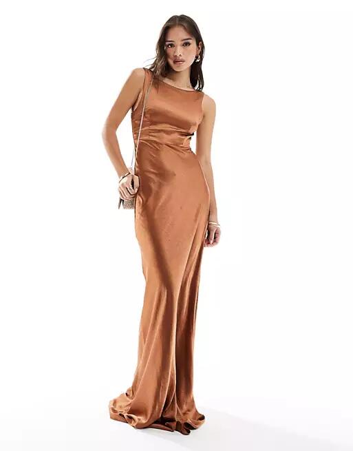 Six Stories Bridesmaid satin cowl back maxi dress in rust-Brown Cover