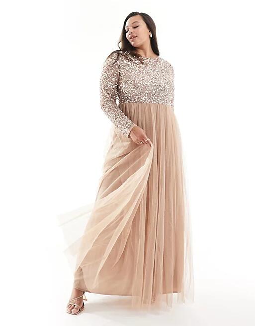 Maya Plus Bridesmaid long sleeve maxi tulle dress with tonal delicate sequin in muted blush-Neutral Cover