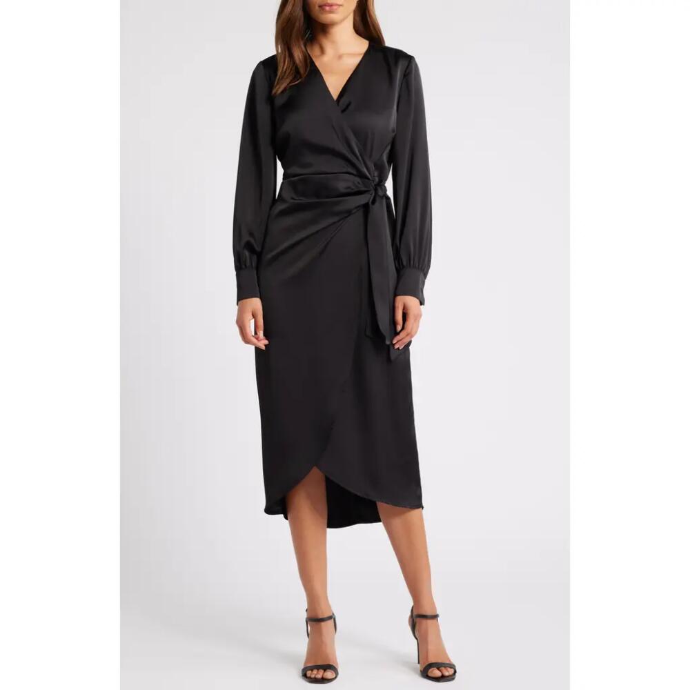 Sam Edelman Fluid Long Sleeve Satin Faux Wrap Midi Dress in Black Cover