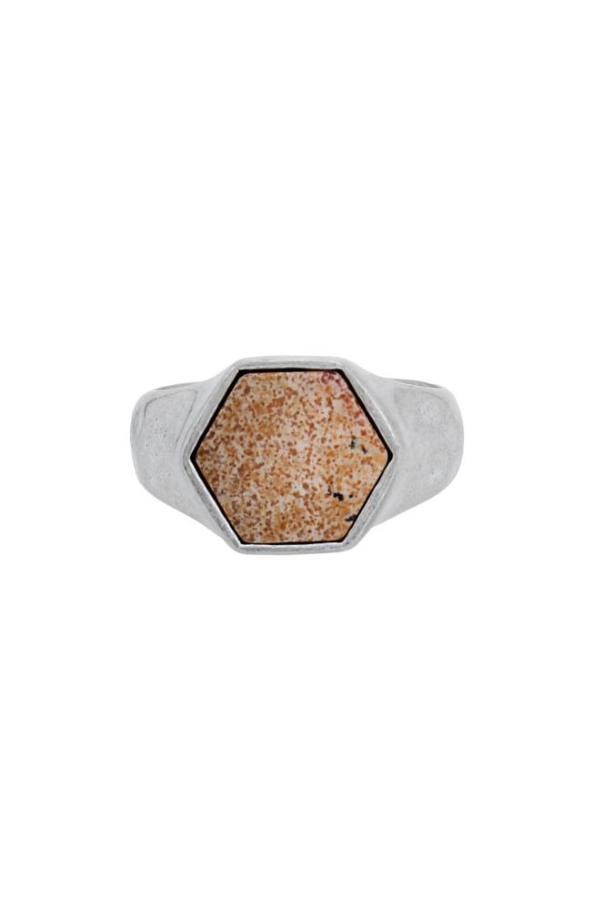 AllSaints Leopard Skin Jasper Stone Hexagon Signet Ring in Warm Silver Cover