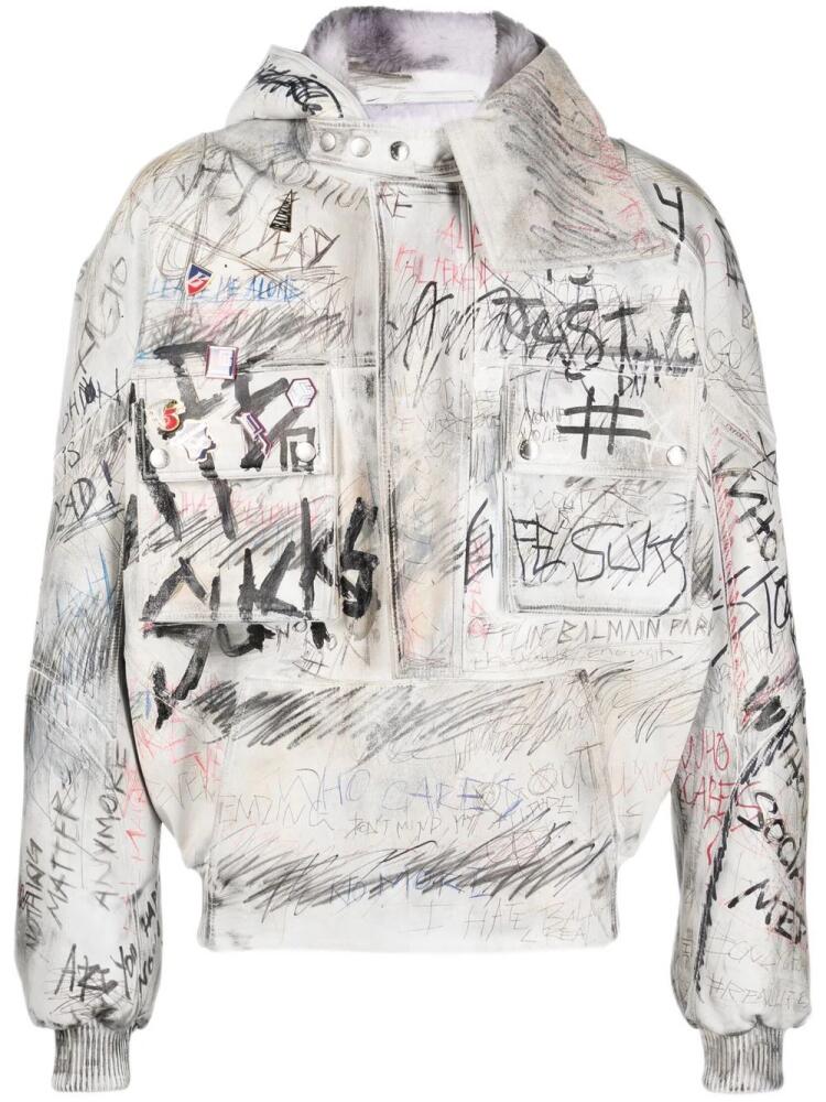 Balmain graffiti-print aviator leather jacket - White Cover