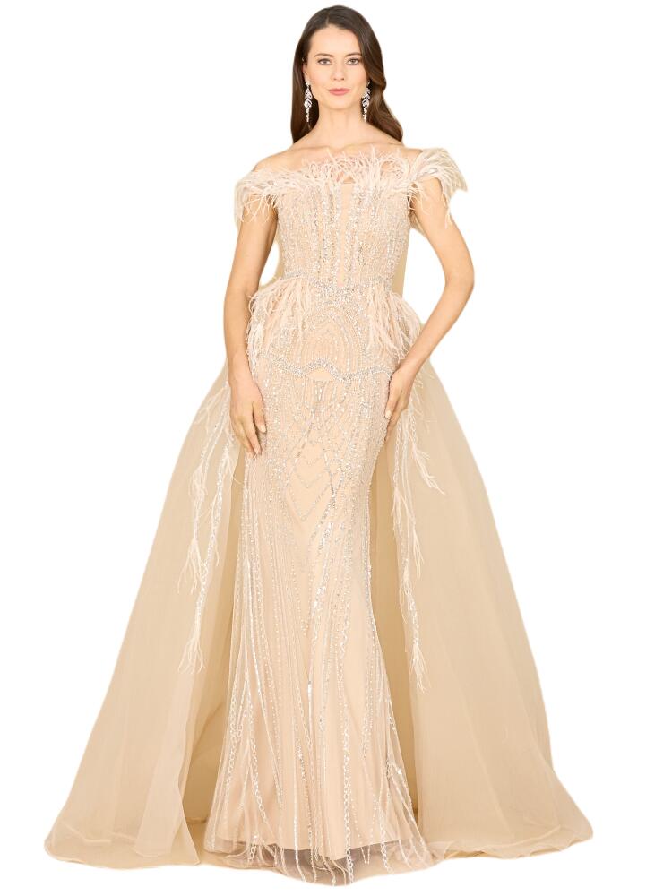 LARA New York Off Shoulder Gown with Feathers in Champagne Cover