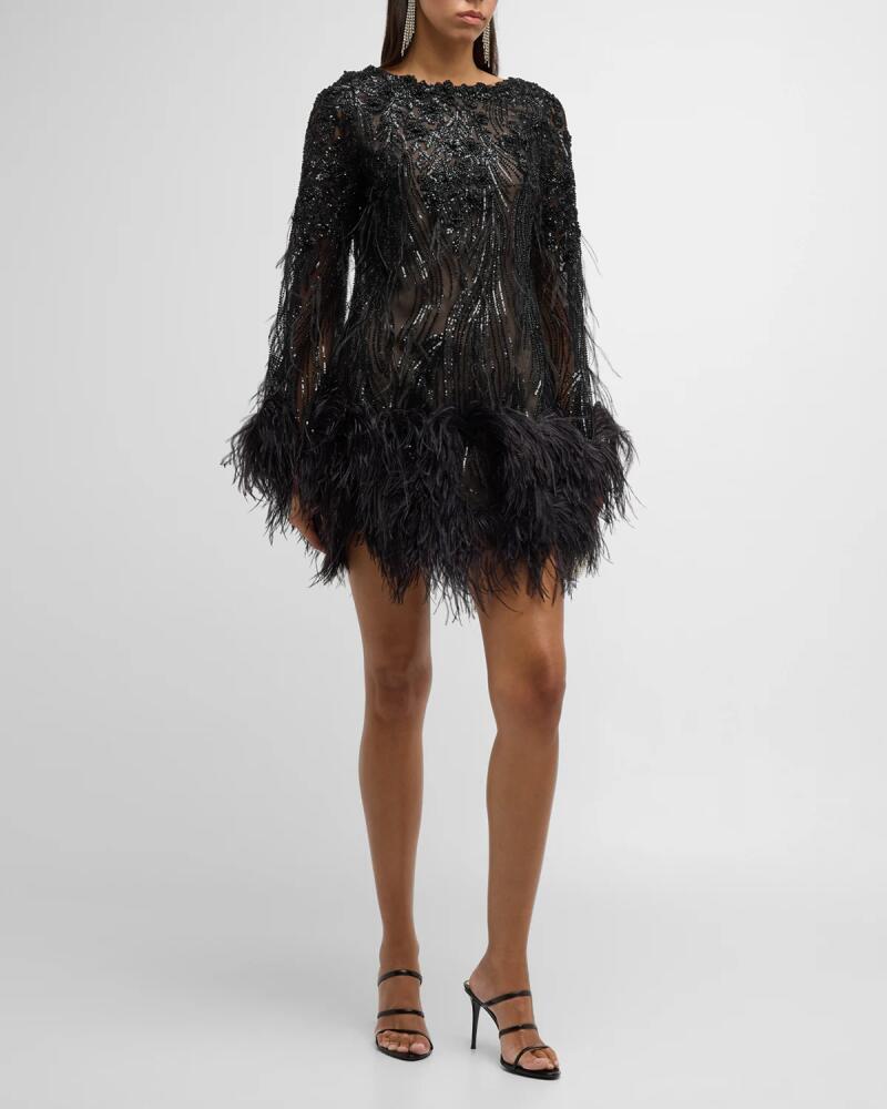 Marchesa Embellished Mesh Long-Sleeve Mini Dress with Feather Trim Cover