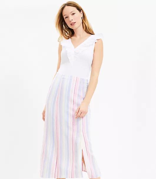 Loft Petite Striped Side Slit Midi Skirt Cover