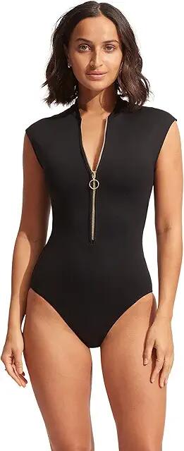 Seafolly Seafolly Collective Zip Front One-Piece (Black) Women's Swimsuits One Piece Cover