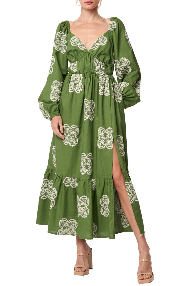 CIEBON Serbita Medallion Embroidery Long Sleeve Cotton & Linen Midi Dress in Green Cover