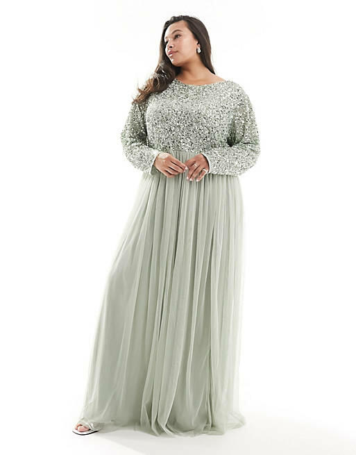 Maya Plus Bridesmaid long sleeve maxi tulle dress with tonal delicate sequin in sage green Cover