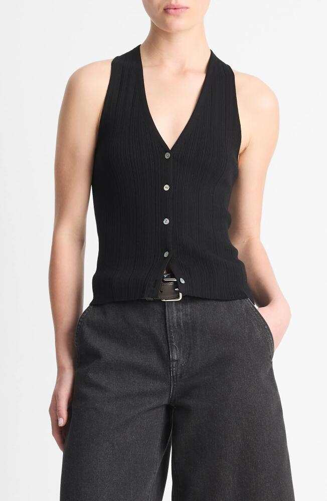 Vince Rib Button-Up Cotton Sweater Vest in Black Cover