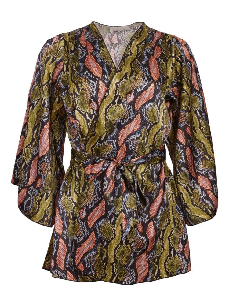 Fleur Du Mal angel-sleeve snakeskin-print silk robe - Green Cover