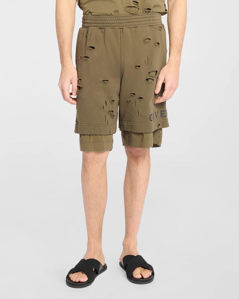 Givenchy Men's Double-Layer Destroyed Sweat Shorts Cover