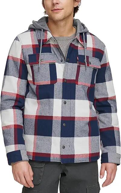 Levi's(r) Washed Cotton Shirt Jacket with A Jersey Hood and Sherpa Lining (Navy/Red Skater Plaid (NRE)) Men's Clothing Cover