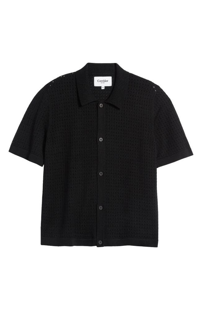 Corridor Pointelle Stitch Short Sleeve Cotton Knit Button-Up Shirt in Black Cover