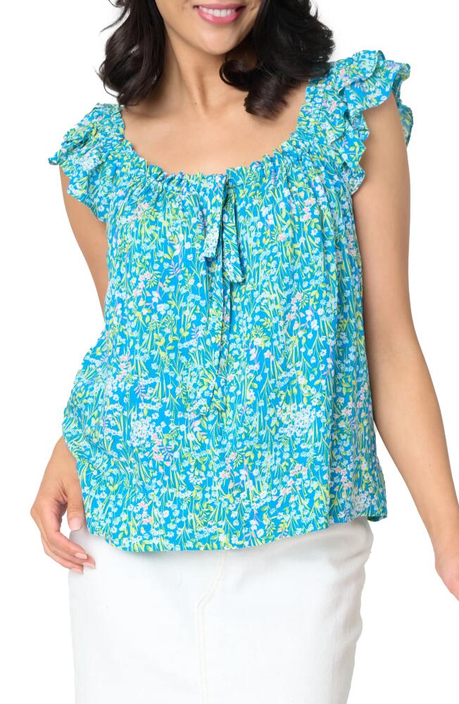 GIBSONLOOK Tie Neck Flutter Sleeve Top in Pretty Meadow Blue Floral Cover