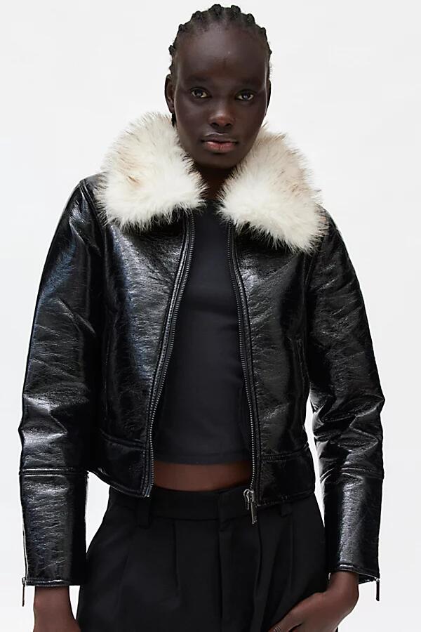 Unreal Fur Wet Look Aviator Jacket in Black Cover