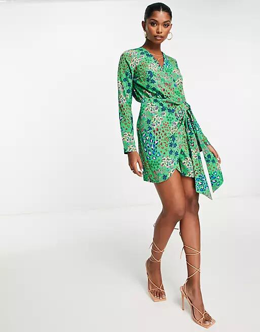 Never Fully Dressed wrap tie mini dress in emerald leopard-Green Cover