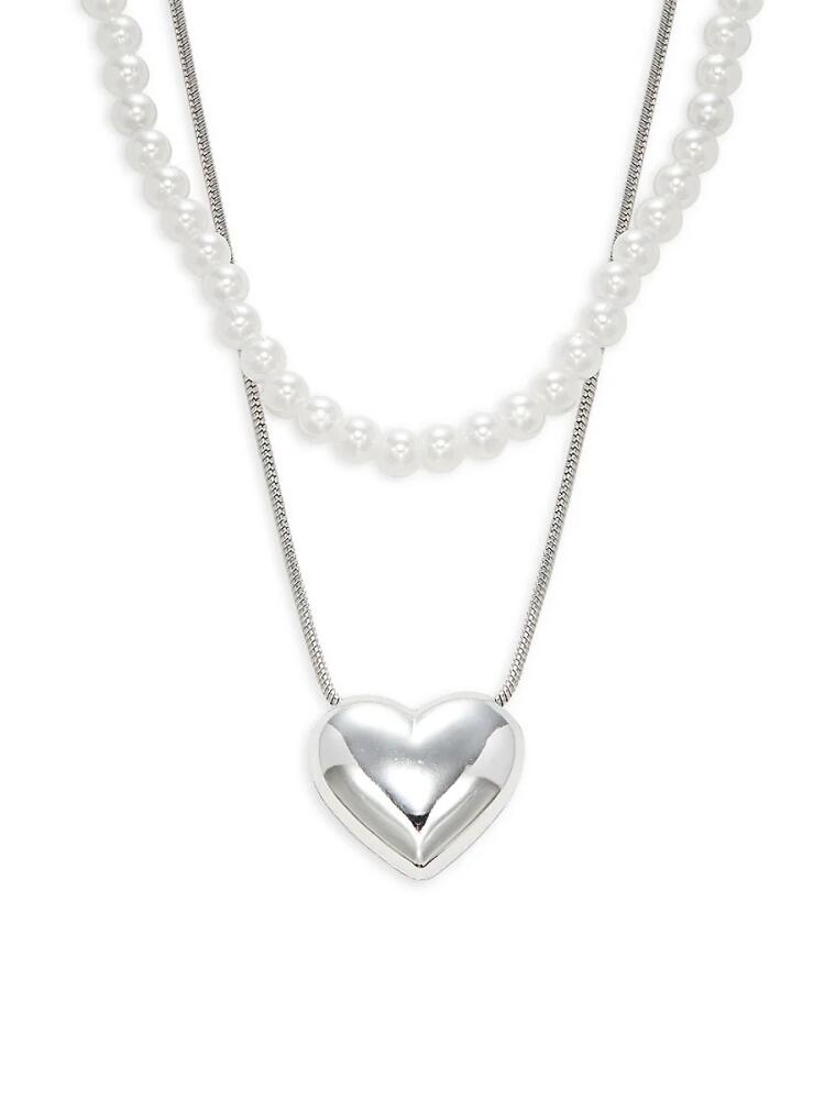 Luv AJ Women's Silvertone & 2MM Freshwater Pearl Layered Heart Necklace Cover