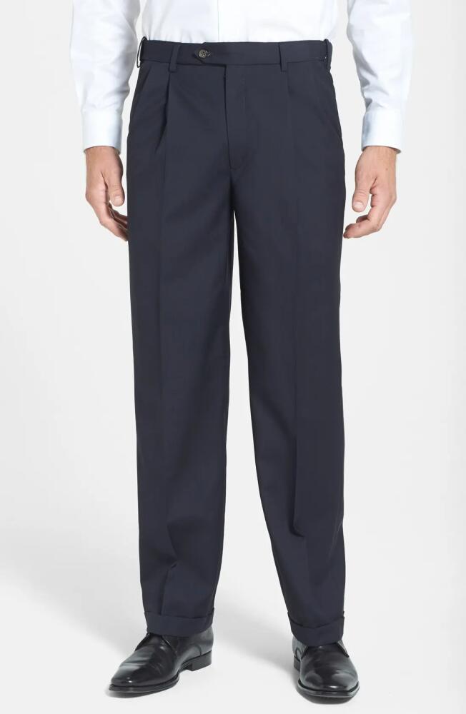 Berle Self Sizer Waist Pleated Lightweight Plain Weave Classic Fit Trousers in Navy Cover