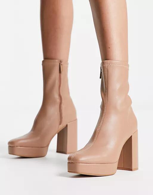 Stradivarius mid heel sock boot in camel-Neutral Cover