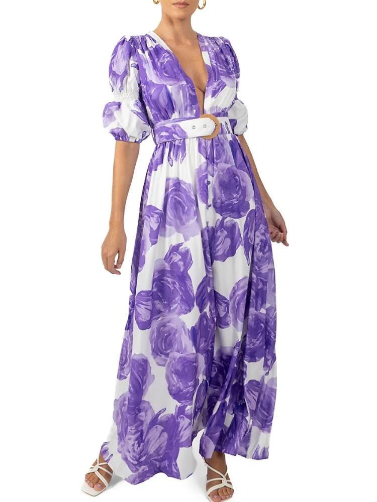 AKALIA Women's Floral Belted Maxi Dress - Purple Cover