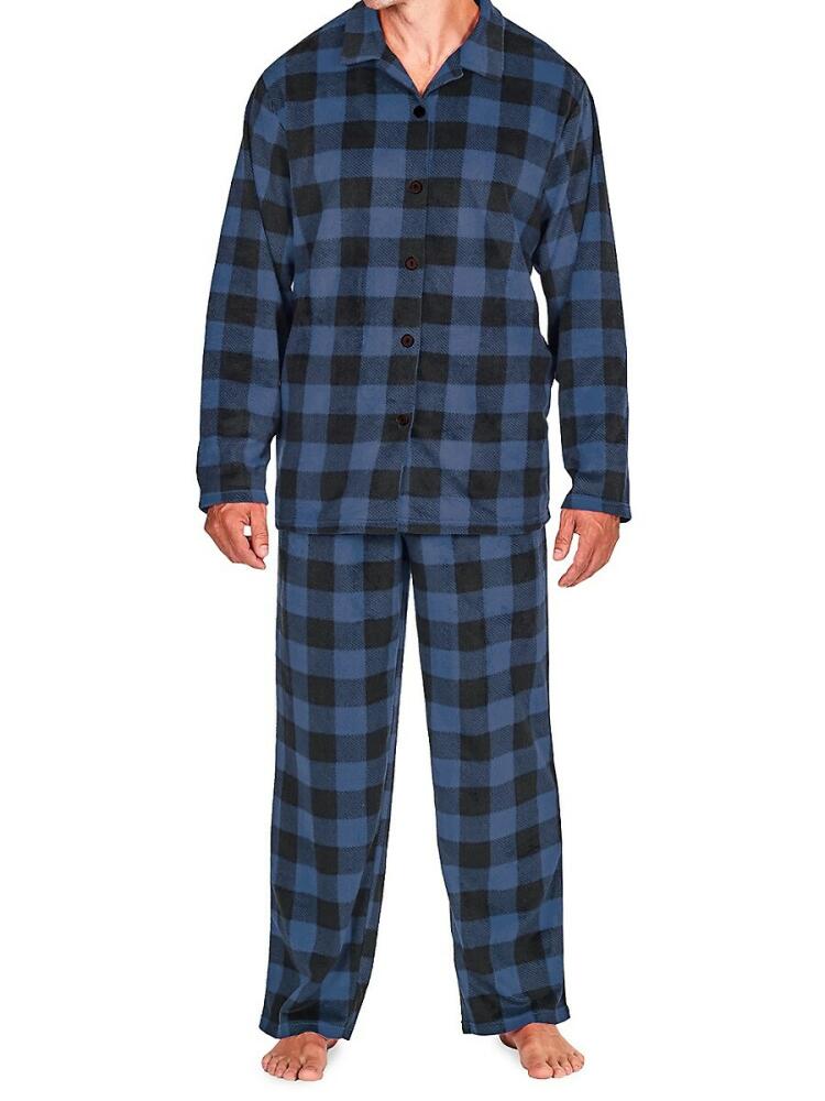 SLEEPHERO Men's 2-Piece Polar Bear Fleece Pajama Shirt & Pants Set - Navy Buffalo Checked Cover