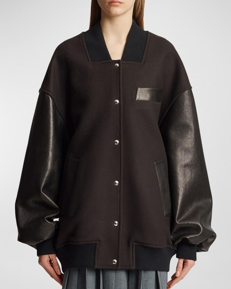 Khaite Spencer Wool Bomber Jacket with Leather Sleeves Cover