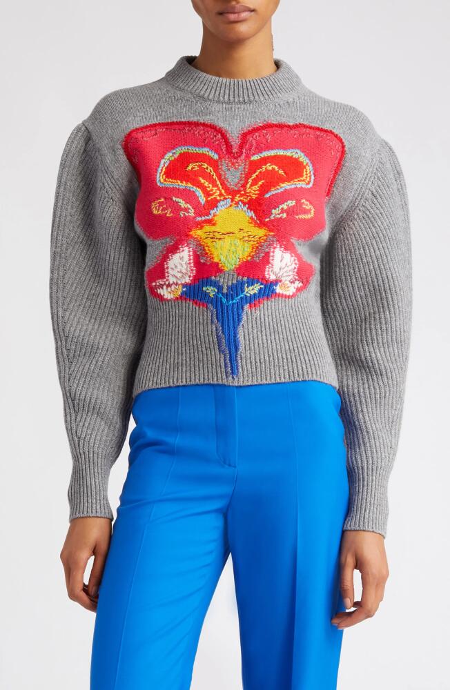 Alexander McQueen Orchid Intarsia Cocoon Sleeve Crop Wool Sweater in 1164 Grey/Red/Yellow Cover