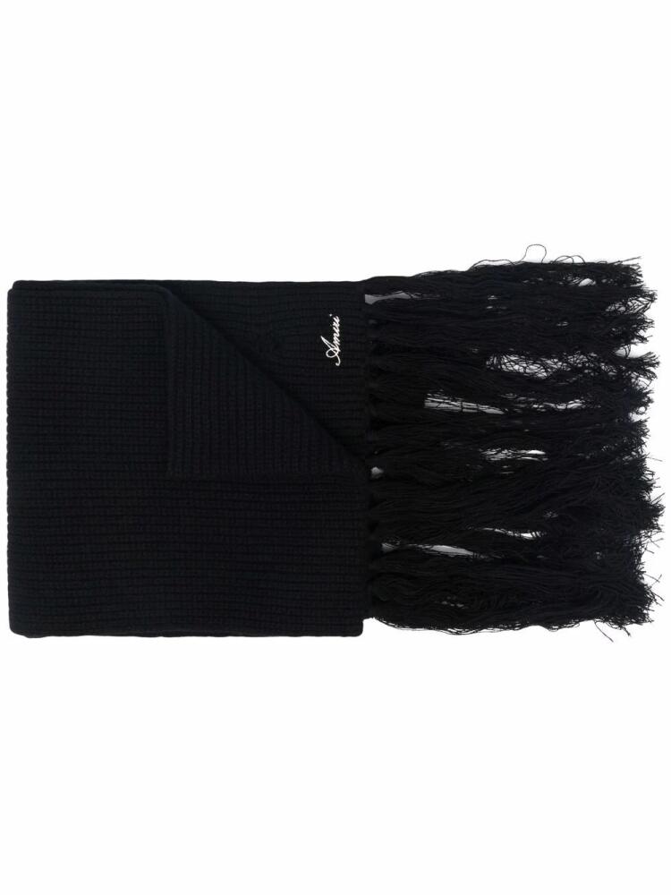 AMIRI embroidered-logo fringed cashmere scarf - Black Cover