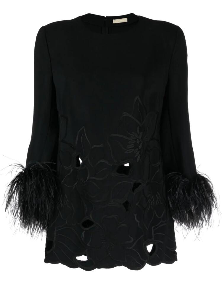 Elie Saab floral-appliqué feather-trim minidress - Black Cover