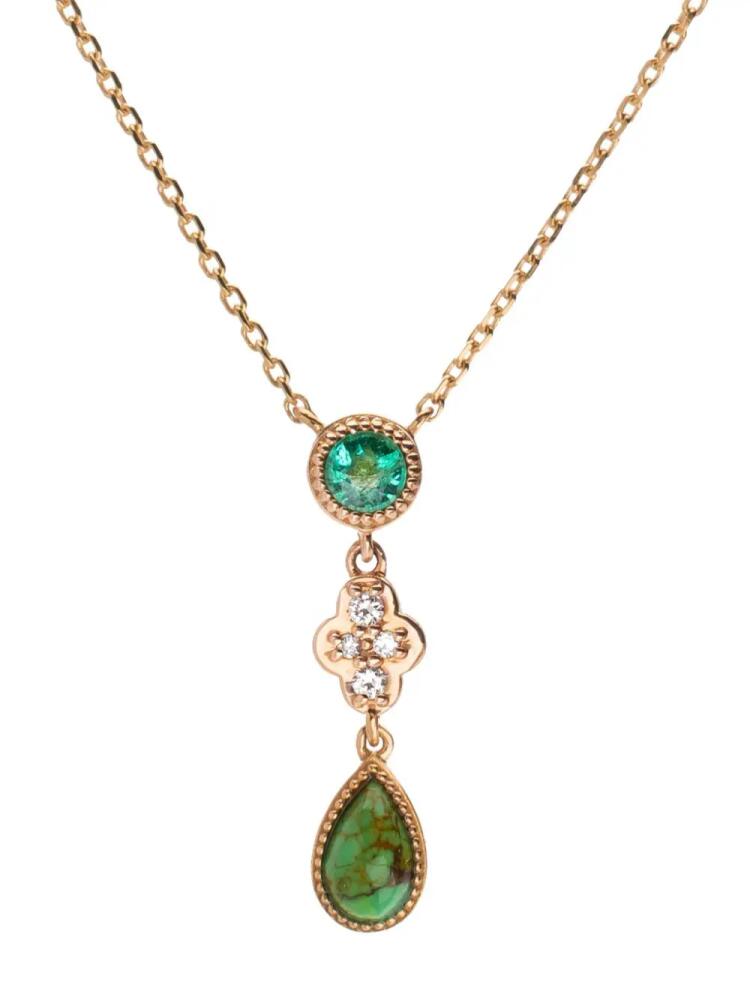 We by WHITEbIRD 18kt rose gold Clover turquoise emerald and diamond necklace - Pink Cover