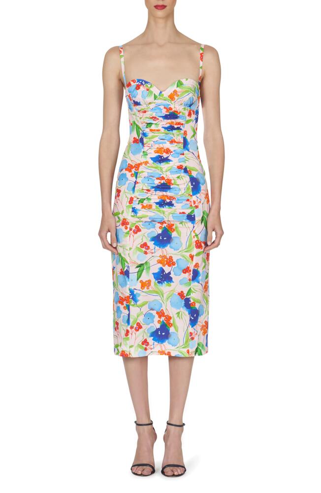 Carolina Herrera Floral Ruched Cotton Midi Dress in Blush Multi Cover