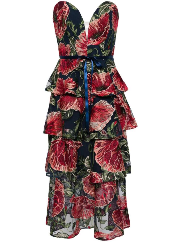 Marchesa Notte floral-embroidered tiered midi dress - Blue Cover