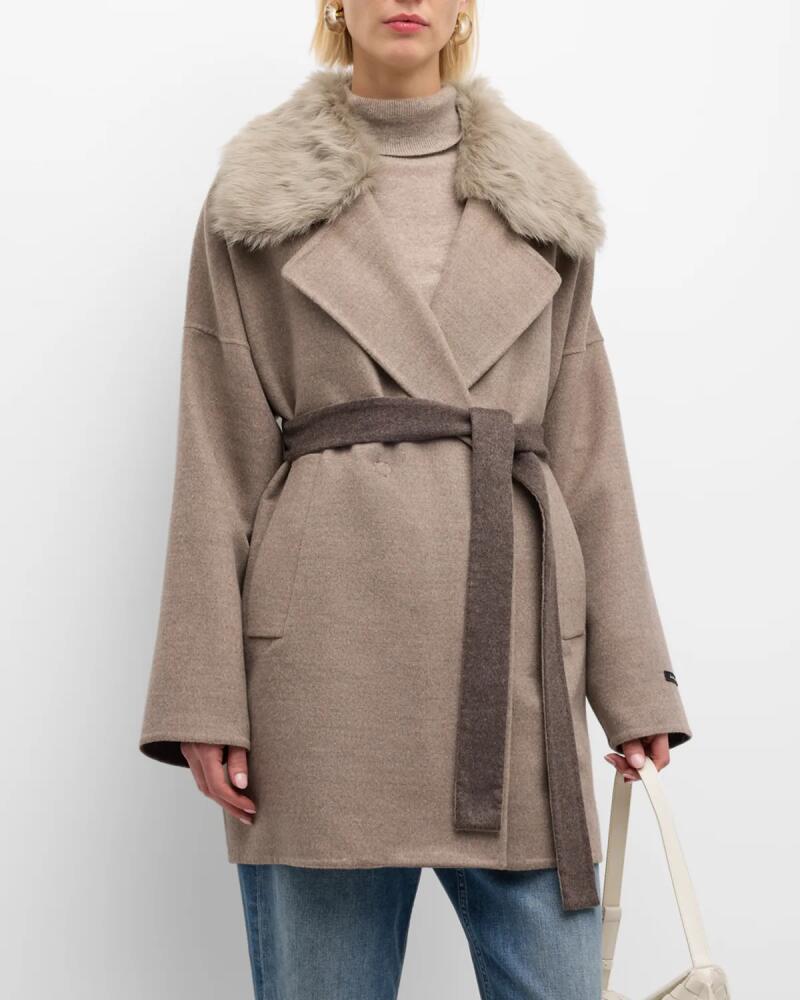 Gorski Wool-Cashmere Belted Jacket With Detachable Toscana Shearling Lamb Collar Trim Cover