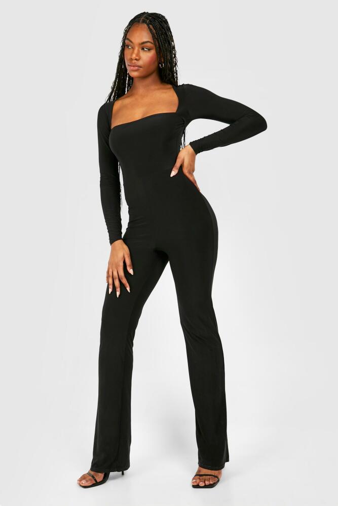 boohoo Womens Tall Square Neck Split Hem Jumpsuit - Black Cover