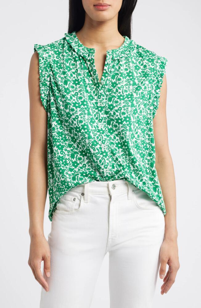 Boden Olive Floral Ruffle Accent Sleeveless Button-Up Shirt in Green Tambourine, Tulip Garden Cover