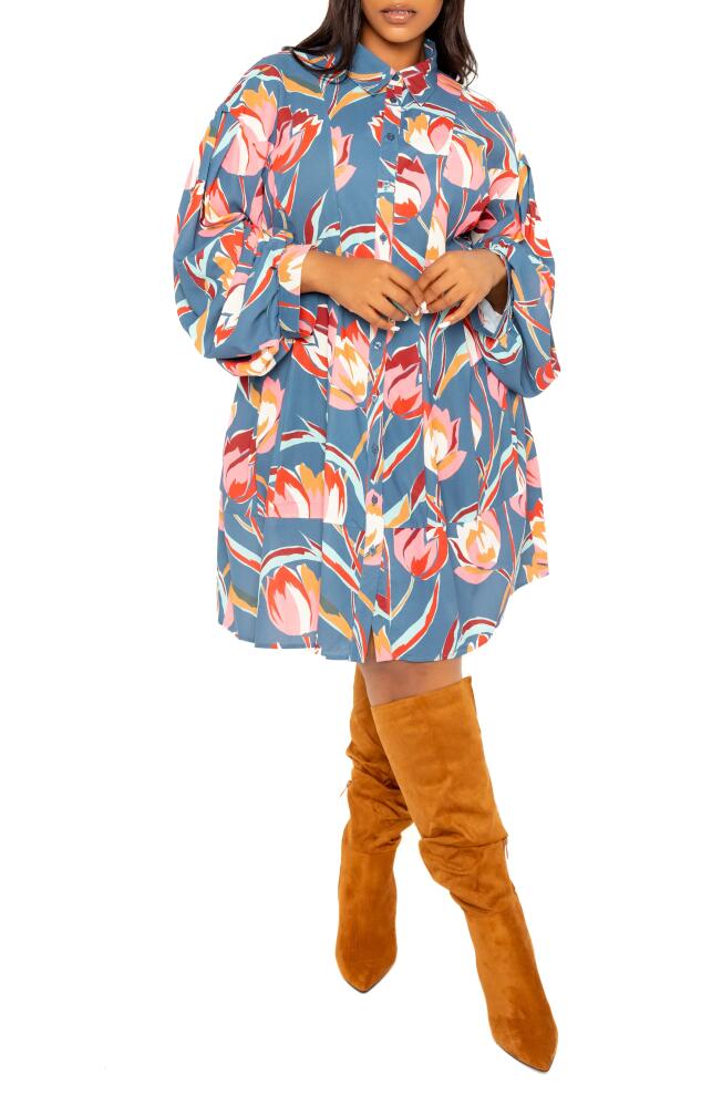 BUXOM COUTURE Floral Balloon Long Sleeve Shirtdress in Teal Multi Cover